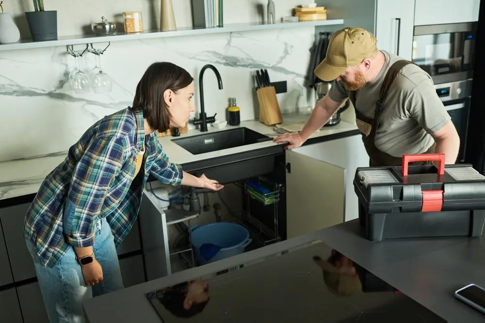 A plumber and homeowner inspecting a clogged kitchen sink drain with cleaning tools on the counter.