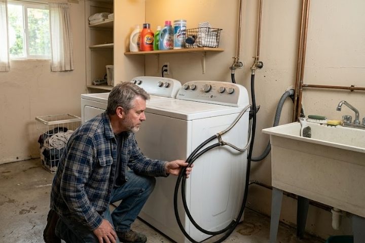 A homeowner checking connections in a laundry room for washing machine plumbing.