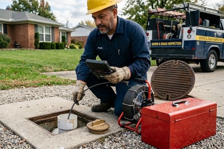 A plumber using a camera and monitor to inspect for sewer line problems.