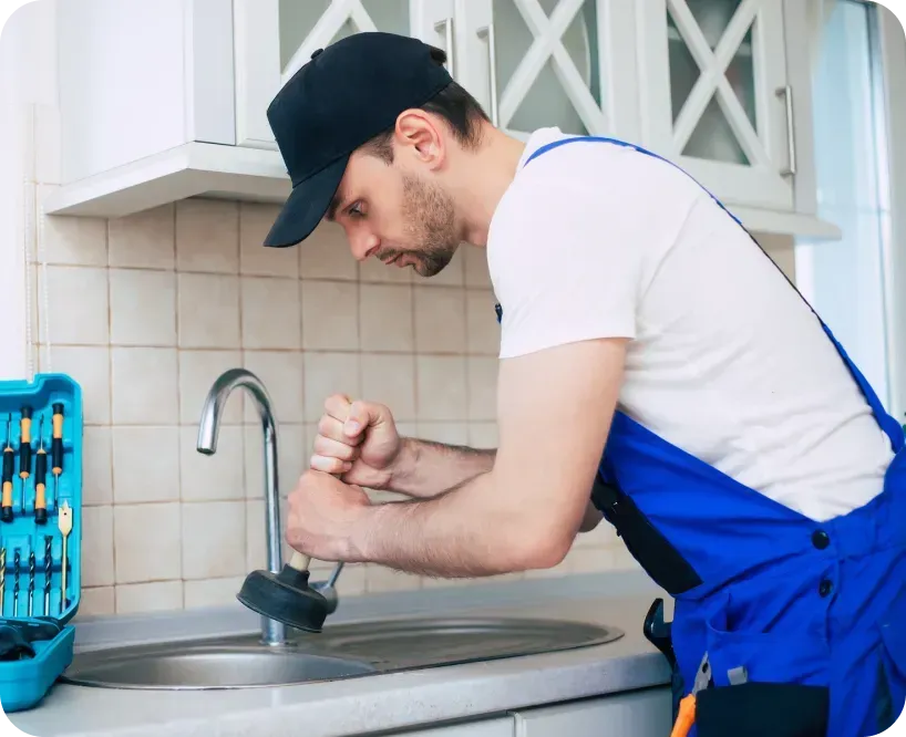 Plumber in blue overalls repairing a kitchen sink faucet using a wrench, focusing on maintenance work in a modern kitchen.