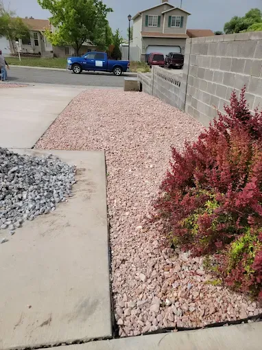 Beautiful softscape garden with colorful flowers and mulch installed by Howard & Family Lawn Services in West Valley City
