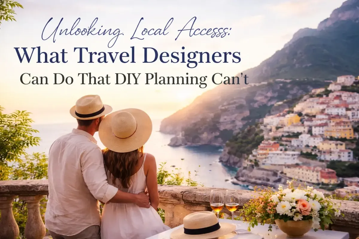 Luxury travel experience overlooking Amalfi Coast at sunset, showcasing personalized travel design and exclusive travel access