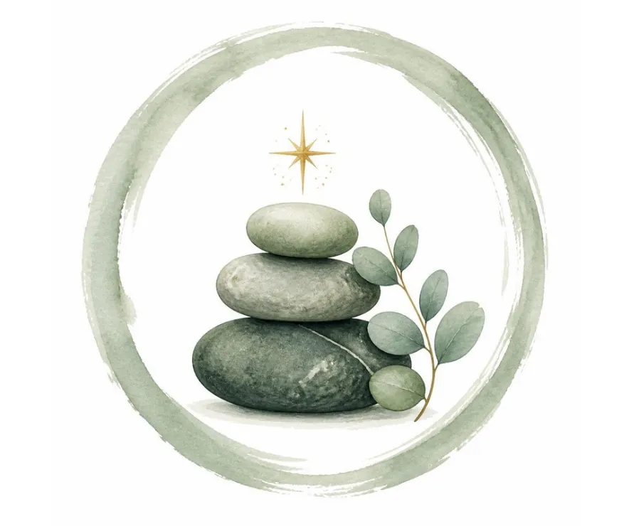 Stacked river stones with a gold spark in a watercolor ring