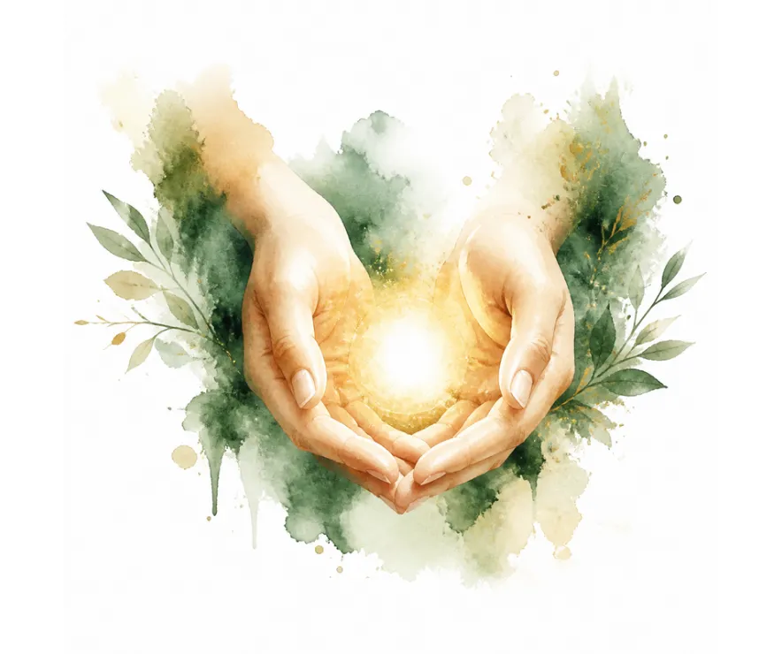 Watercolor healing hands cradling light — hands-on bodywork