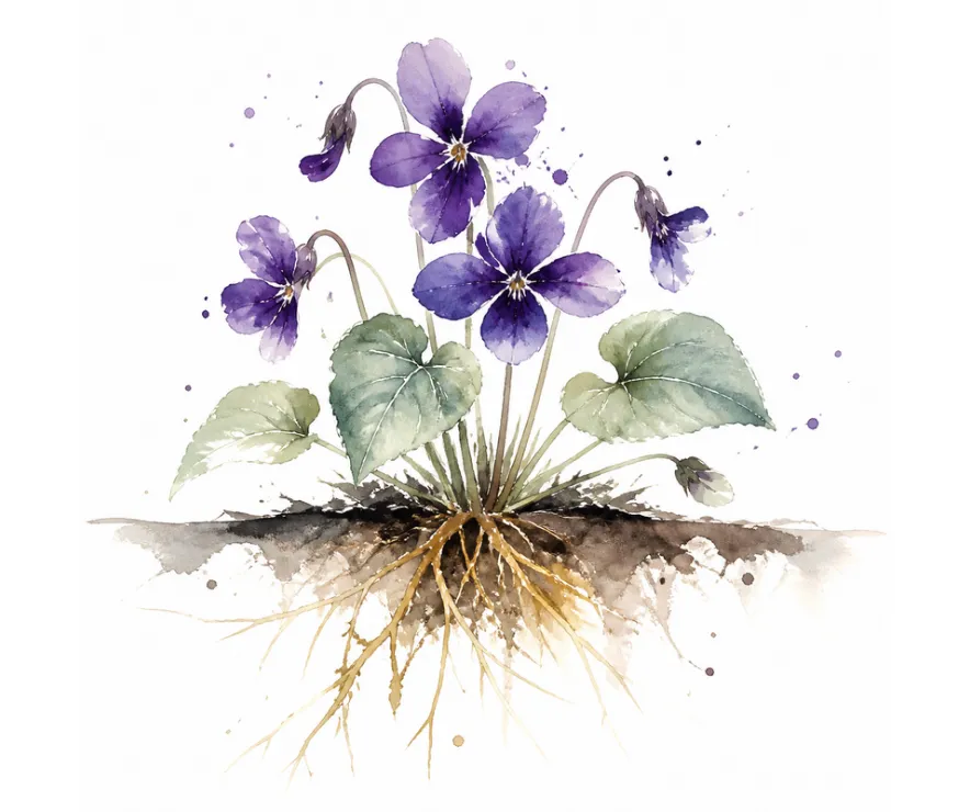 Watercolor violets with golden roots — functional root-cause care
