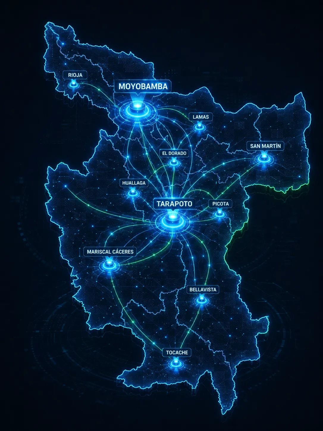 Region Node Map de San Martín destacando Tarapoto y Moyobamba para soluciones digitales