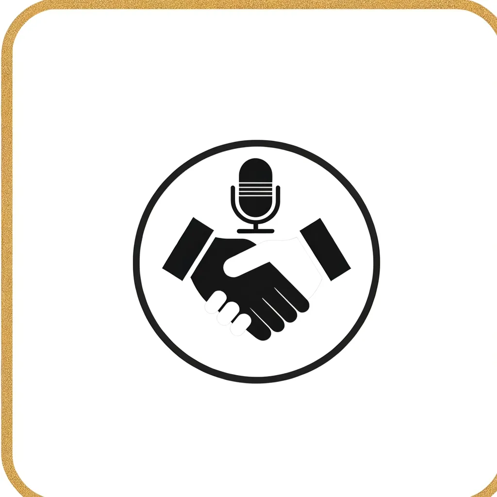 Podcast launching service favicon with a black handshake icon on a white background, encircled by a thin gold border, symbolizing trust and partnership in business podcast development.