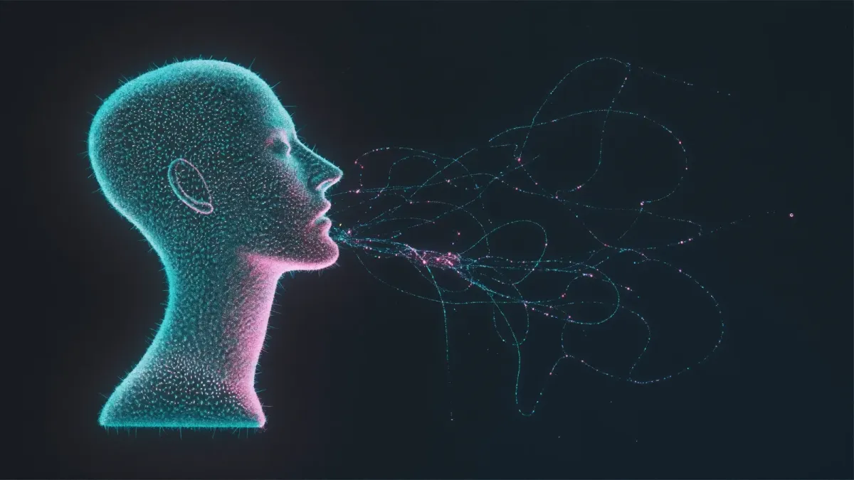 Glowing cyan particle profile of a human head with network lines flowing outward, representing AI candidate screening
