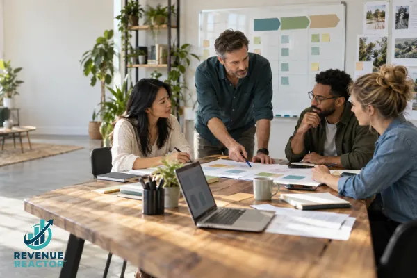 Founder reviewing an intelligent business growth system and 90-day plan with a service business team
