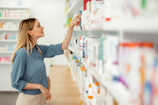 Health and wellness products on the shelf in pharmacy store