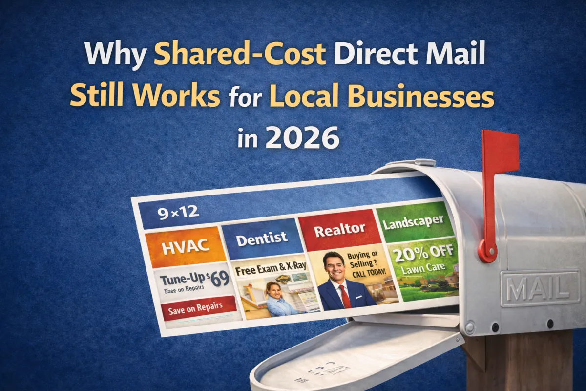 9x12 shared-cost direct mail postcard in mailbox for local business marketing.