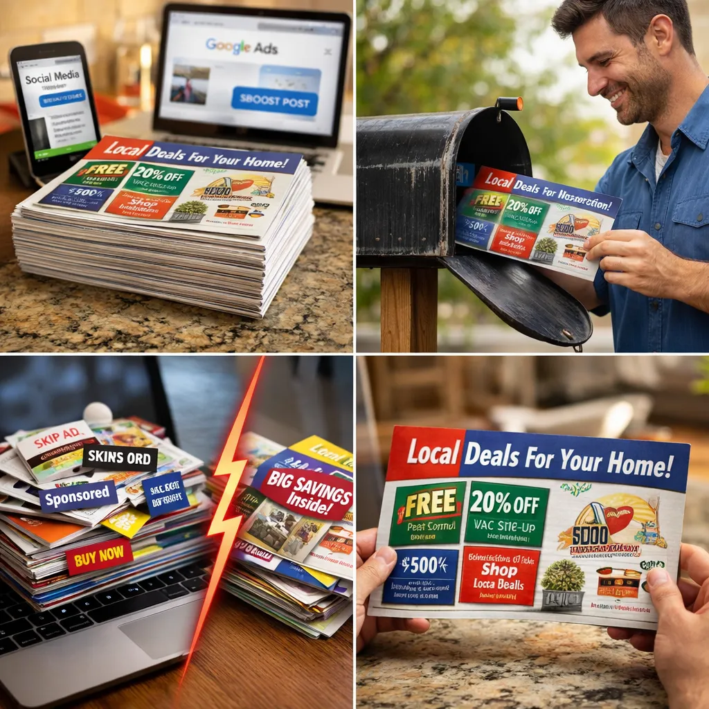 Direct mail marketing postcards next to digital ads showing anti-algorithm advertising strategy