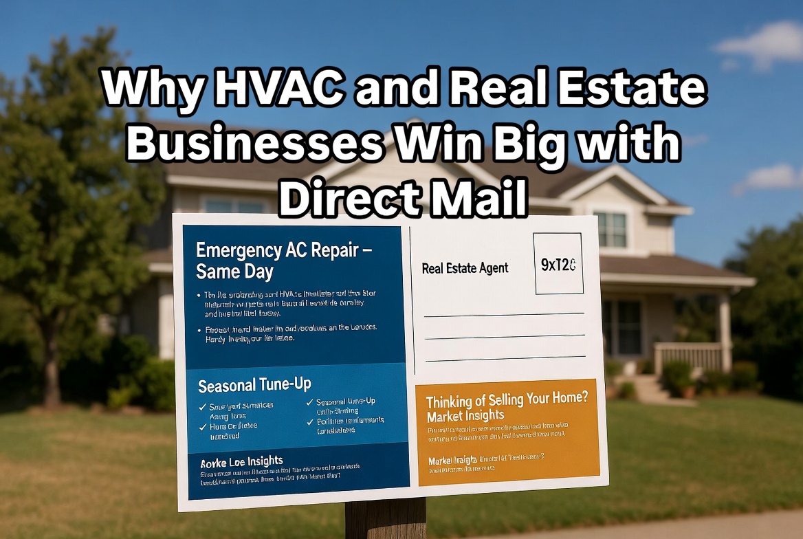 It clearly communicates the local homeowner focus, the large-format postcard advantage, and the two industries (HVAC + Real Estate) side-by-side.