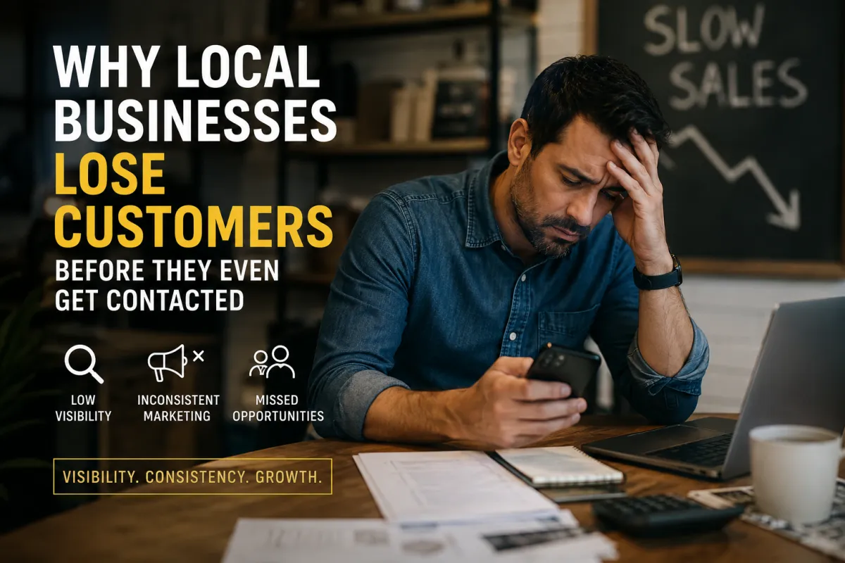 Frustrated local business owner sitting at a desk looking at his phone while reviewing declining sales, representing how inconsistent marketing, low visibility, and weak online presence can cause businesses to lose customers before they make contact.