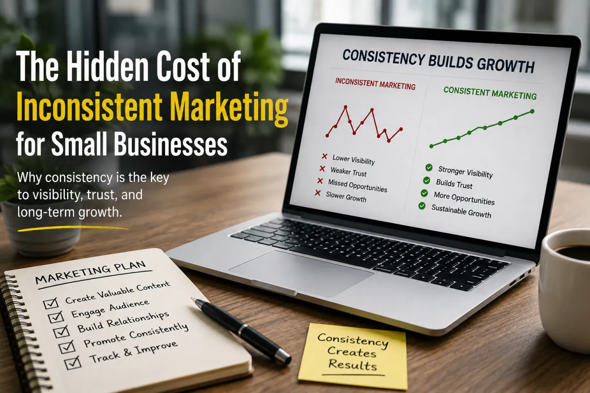 "Laptop displaying marketing performance analytics beside a marketing plan notebook, illustrating how consistent marketing improves visibility, trust, customer engagement, and long-term growth for small businesses."