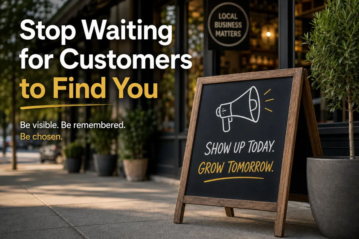 Realistic storefront promoting proactive marketing with the message “Stop Waiting for Customers to Find You,” illustrating how businesses can improve visibility and attract more customers.