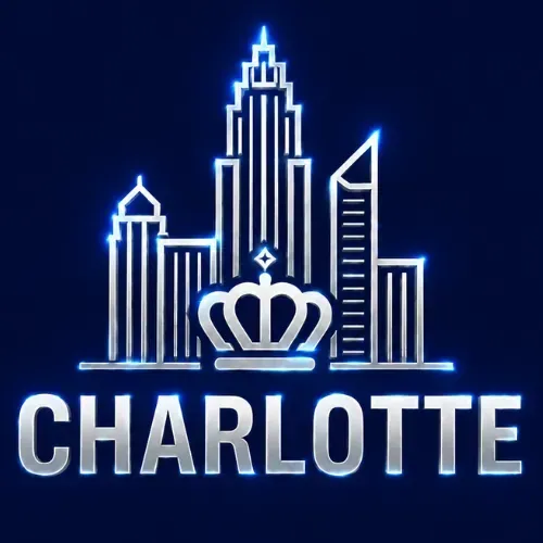 Blue neon line-art illustration of a city skyline with a ferris wheel.