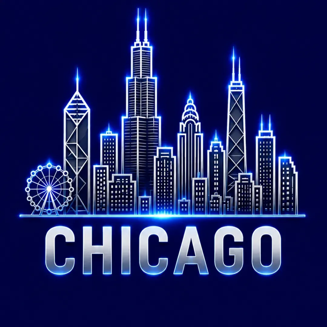 Blue neon line-art illustration of a city skyline with a ferris wheel.