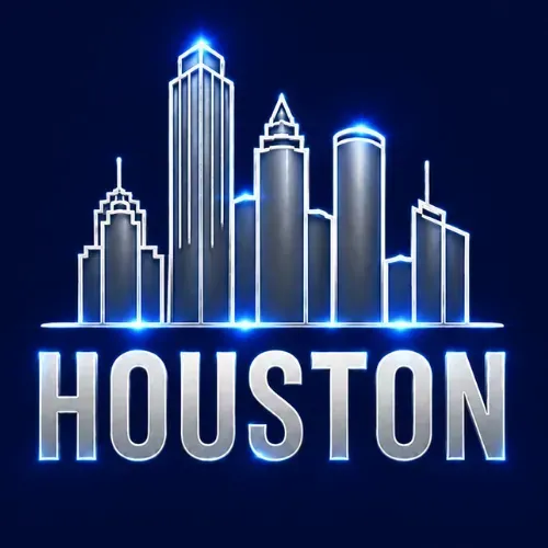 Blue neon line-art illustration of a city skyline with a ferris wheel.