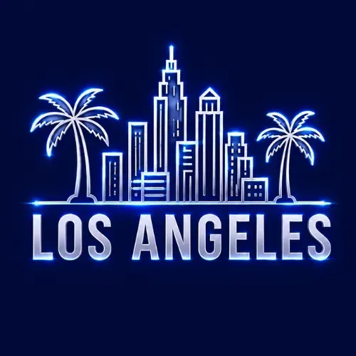 Blue neon line-art illustration of a city skyline with a ferris wheel.