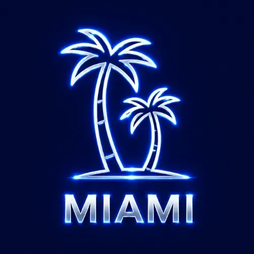 Blue neon line-art illustration of a city skyline with a ferris wheel.