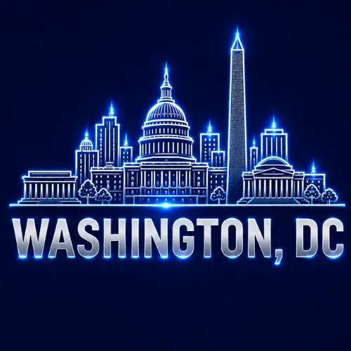 Blue neon line-art illustration of a city skyline with a ferris wheel.
