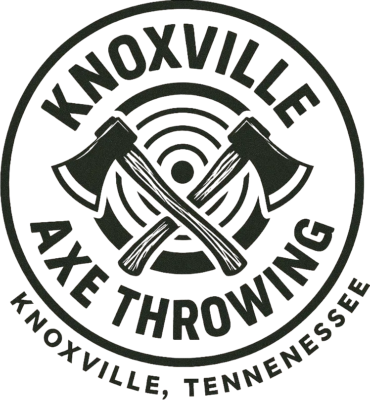 Knoxville Axe Throwing logo featuring crossed axes and target design, representing mobile axe throwing services in Knoxville, Tennessee.