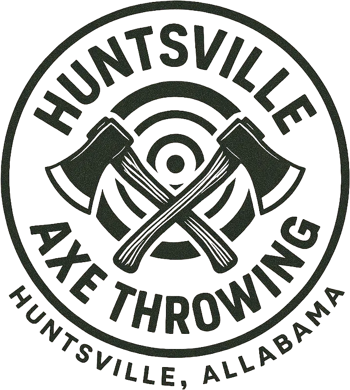 Huntsville Axe Throwing logo featuring crossed axes and circular target, representing mobile axe throwing services in Huntsville, Alabama.