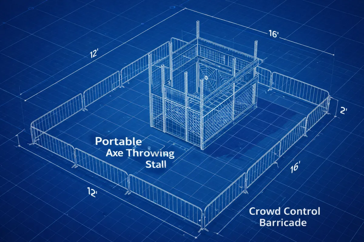 Blueprint design of a portable axe throwing stall surrounded by crowd control barricades, featuring dimensions labeled 12' by 16' and 2' height, illustrating Edgeway Events' mobile axe throwing setup.