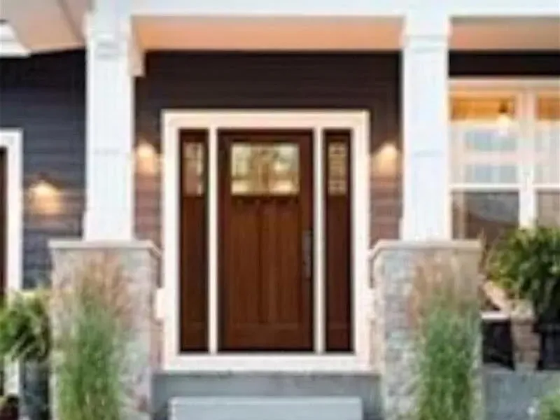 Craftsman-style entry door & trim detail