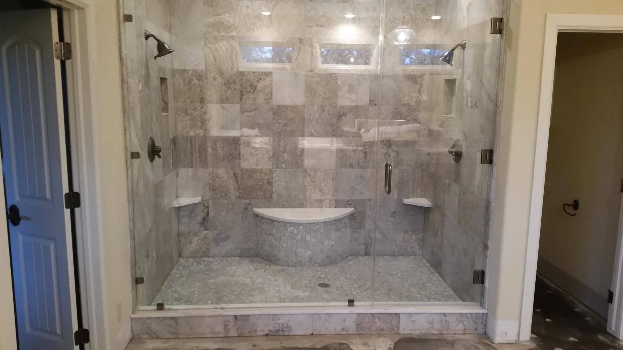 Gorgeous stone colour tiled two person shower