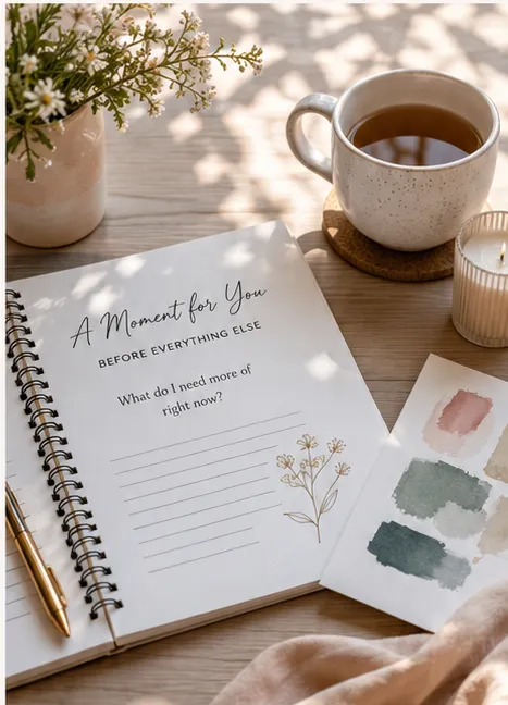 A flat lay photograph of an open spiral notebook with 'A Moment for You' written on it, a cup of coffee, a small vase with flowers, and watercolor swatches, bathed in warm sunlight with distinct shadows.