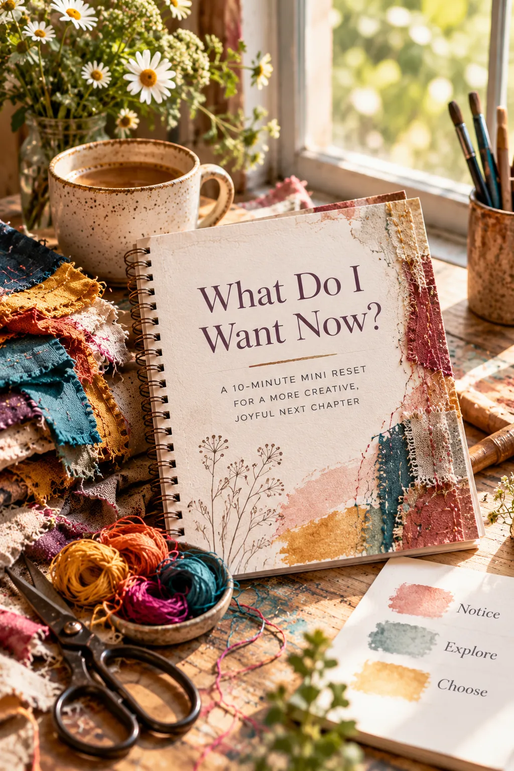 A flat lay photograph of an open spiral notebook with 'A Moment for You' written on it, a cup of coffee, a small vase with flowers, and watercolor swatches, bathed in warm sunlight with distinct shadows.
