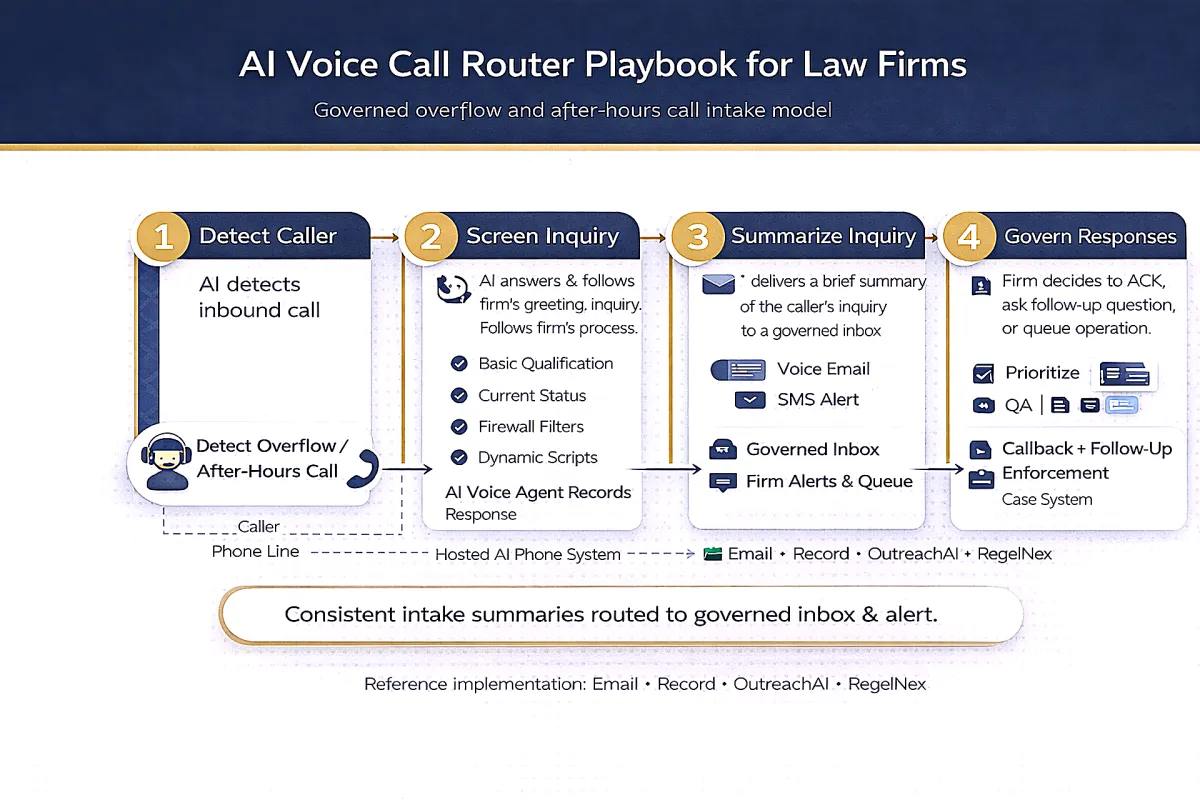 AI Voice Call Router Playbook for Law Firms workflow showing AI detects inbound call, screens inquiry using firm process, summarizes inquiry to a governed inbox with email/SMS alert, and firm governs responses with prioritization, QA, and callback follow-up enforcement
