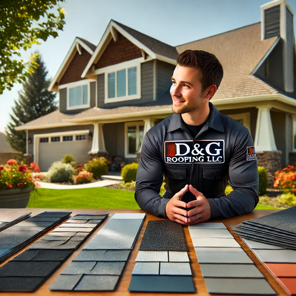 d&g roofing employee showing different roofing materials