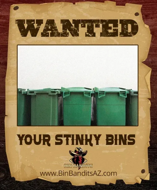 Trash bin cleaning WANTED poster with a lineup of green bins and a callout from Bin Bandits.
