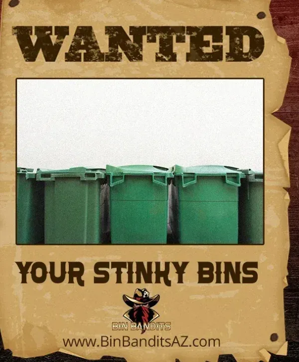 Wanted poster design featuring green trash bins with the text ‘Your Stinky Bins’ by Bin Bandits.