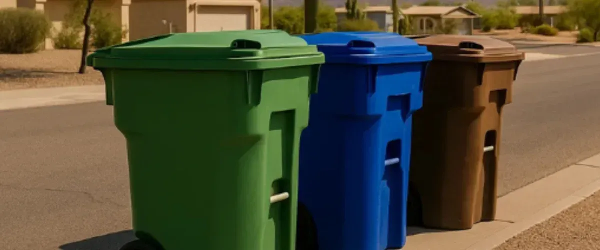 Green, blue, and brown curbside trash bins lined up on a sunny street in Carefree, AZ