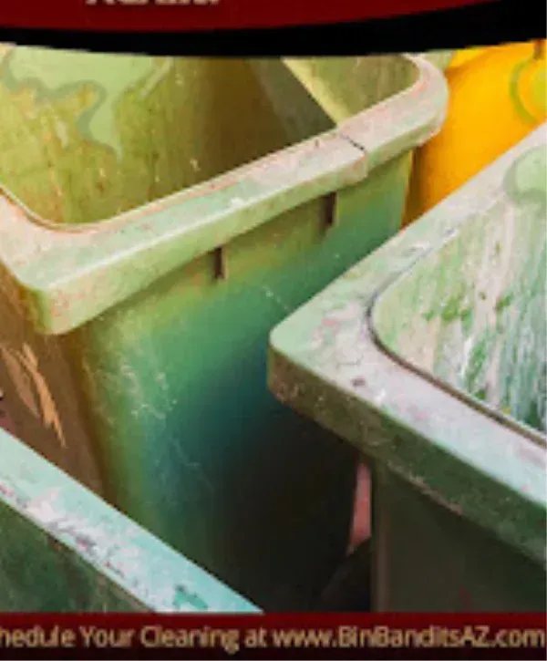 Close-up of dirty and stained outdoor trash bins before professional cleaning in Carefree, AZ
