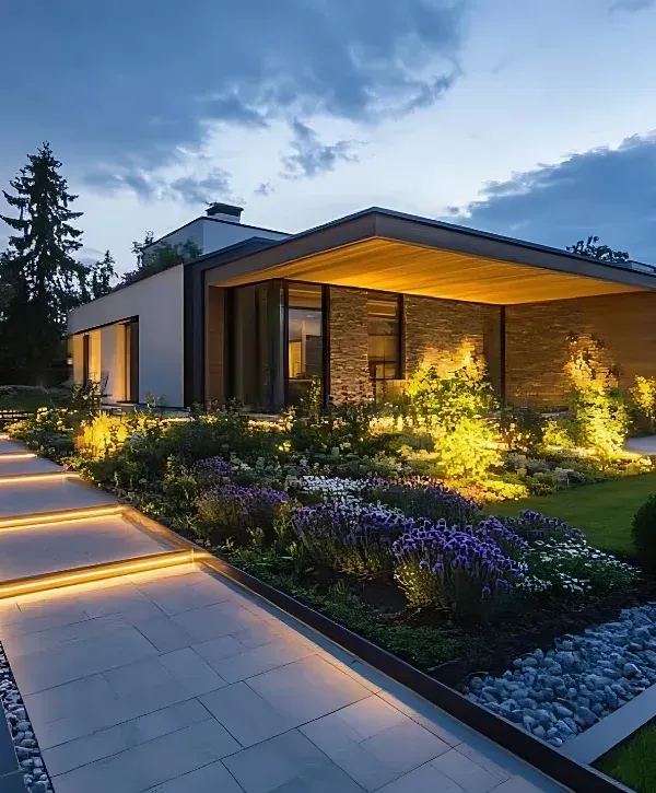 Modern home exterior with illuminated pathway and landscaped garden at dusk