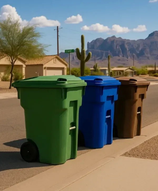 Green, blue, and brown residential trash bins lined up along a sunny Arizona street with desert mountains in the background.
