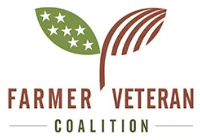 Logo of the Farmer Veteran Coalition featuring a green leaf with white stars on the left and a brown crop field design on the right, symbolizing veterans and agriculture.