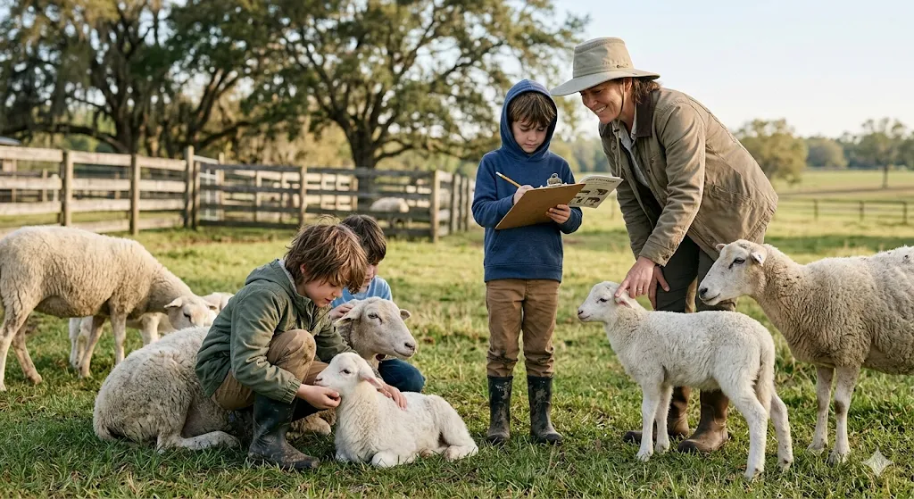 Children learning livestock body condition scoring with Katahdin sheep at Black Hammock Farm in Oviedo, Florida during the CommunOT farm lab event.