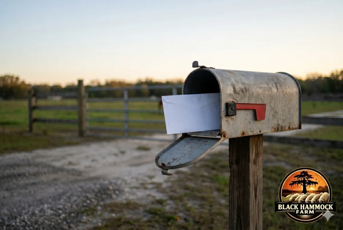 A weathered farmhouse mailbox in front of Black Hammock Farm in Oviedo, Florida holding a Seminole County Property Appraiser envelope — the day a working farmer opens the agricultural classification denial notice.