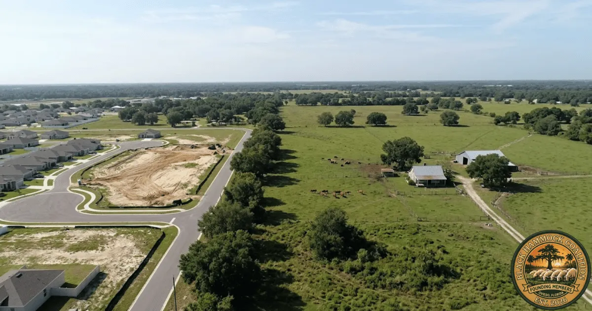 A wide aerial view of east Seminole County, Florida showing the contrast between the rural boundary acreage of working farms and pasture to the east and the dense suburban development pushing in from the west — the visible economic pressure on Florida’s agricultural land.