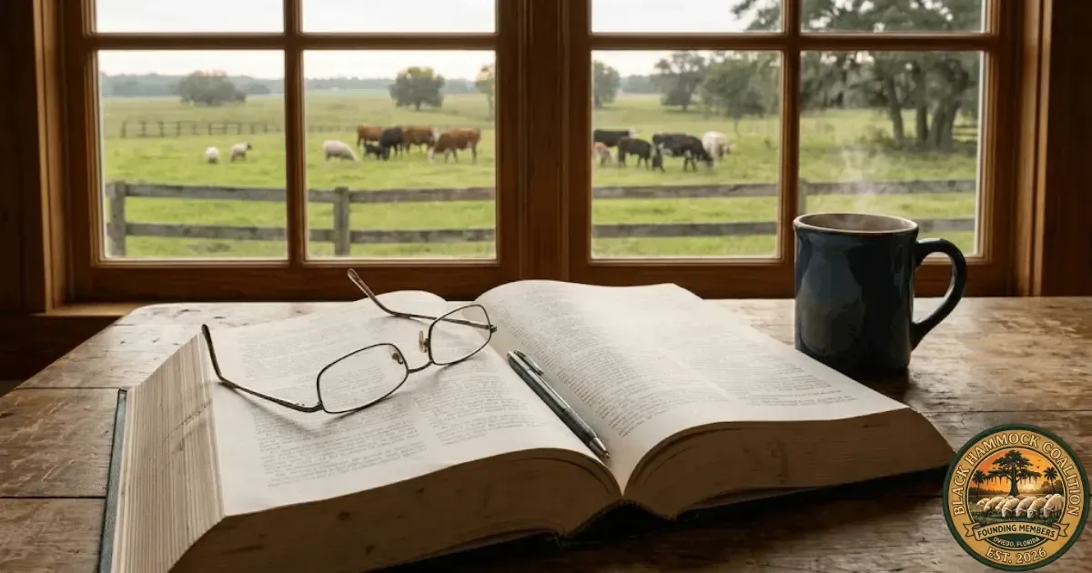 A close-up view of an open Florida statute book lying on a worn wooden farm table, with a cattle pasture and fence line visible through a window in the background — the law that governs agricultural classification in Florida, read from inside the working farm it is meant to protect.
