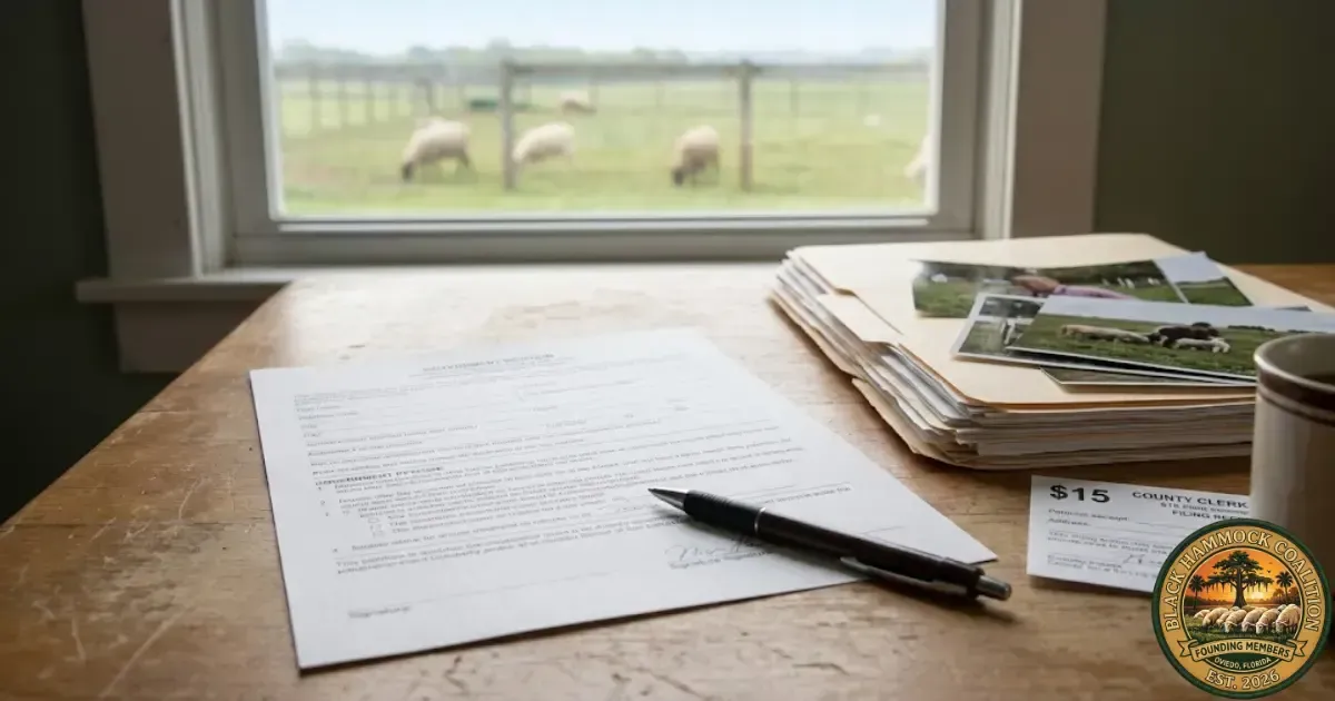 A Florida DR-486 petition form lying on a farm kitchen table next to a pen, a filing receipt, and a manila folder of farm documents — the one-page form that preserves a denied farmer’s right to be heard before the Value Adjustment Board.