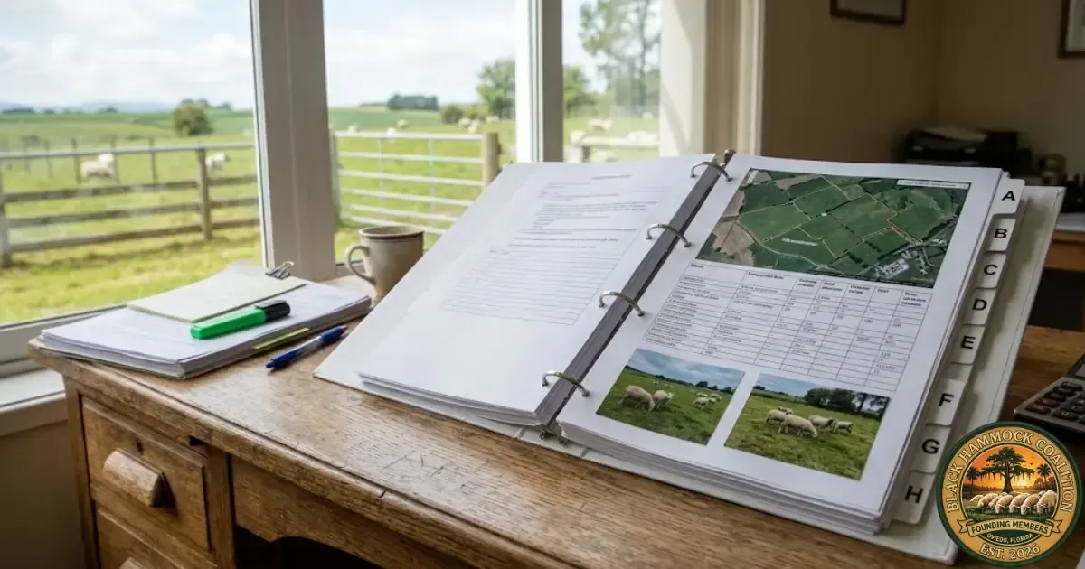 A thick three-ring evidence binder open on a farm office desk with labeled exhibit tabs, satellite imagery printouts, and a parcel map visible — the working document a denied farmer carries into the Value Adjustment Board hearing.