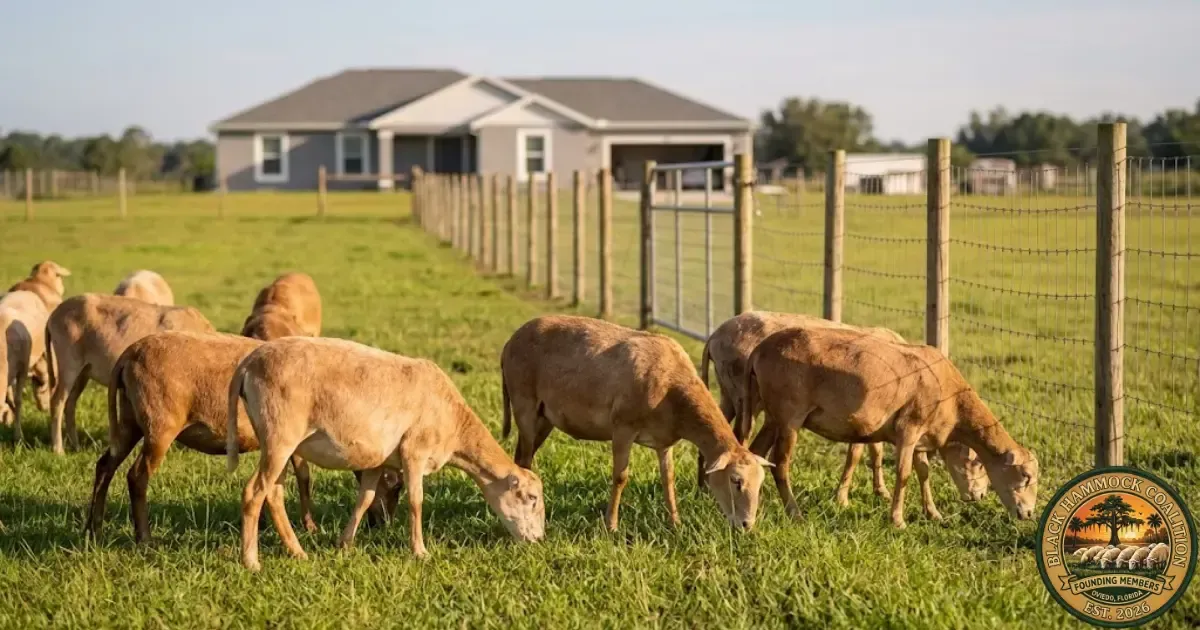 Katahdin sheep grazing on open pasture with a residential dwelling visible in the far background — the working agricultural land that Florida law says a dwelling does not disqualify from classification.