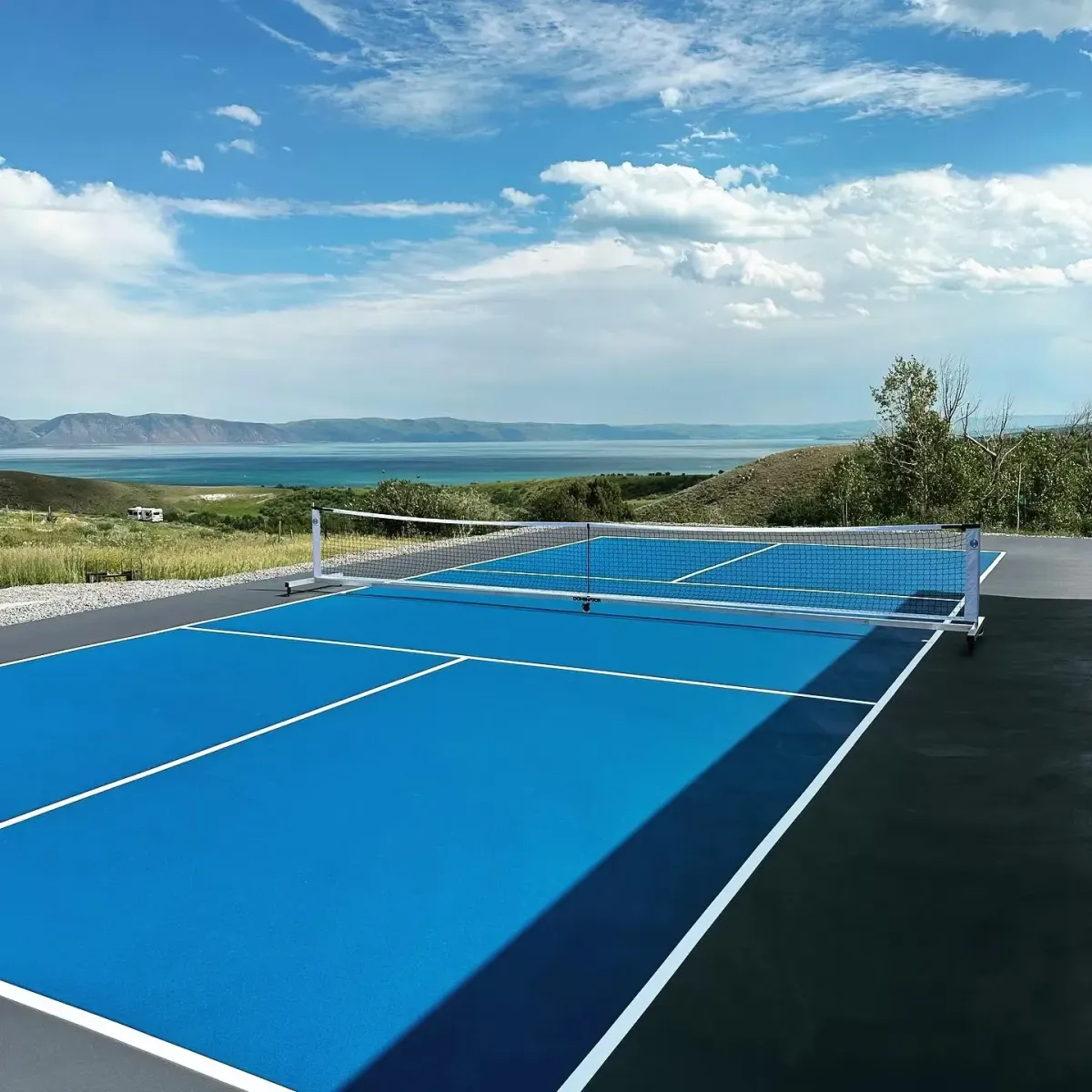 outdoor pickleball court with a beautiful scenery